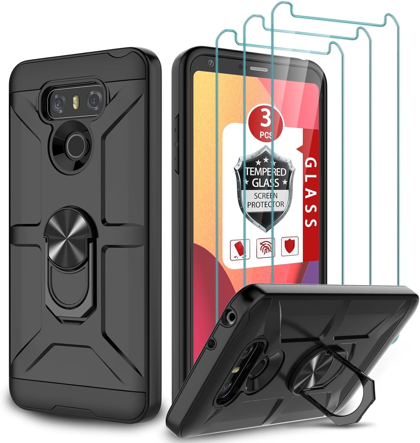 GAMEMIUZ LG G6 Case, LG G6 Case with [3X Tempered Glass Screen Protector], Built-In Ring Kickstand and Magnetic Car Mount Shockproof Dropproof Military Grade Armor Rugged Case for LG G6 - Purple  Gamemi Black  