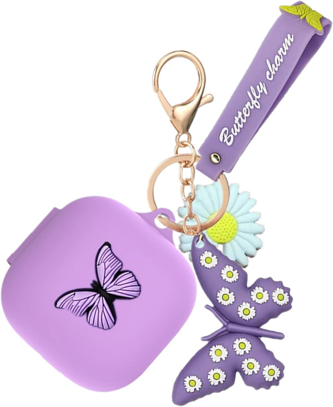 Case for Beats Fit Pro with Wristlet Keychain, Cute Cartoon Butterfly Charm Soft Silicone Charging Case with Wrist Strap Anti-Lost Cover for Beats Fit Pro X 2021/2022, Gift for Women Girl (Black)  YQGFashbf11 Purple  