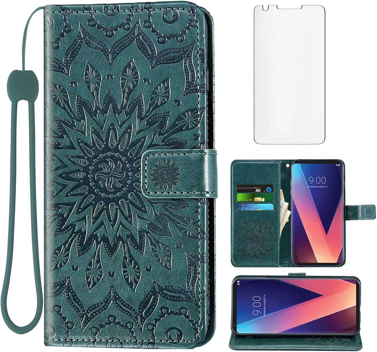 Phone Case for LG V35 Thinq V30 plus Wallet with Tempered Glass Screen Protector and Leather Flip Cover Card Holder Stand Cell Accessories LGV30 LGV35 LG30 LG35 V 30 35 V30+ V30S H931 Women Men Blue  Asuwish Dark Green  
