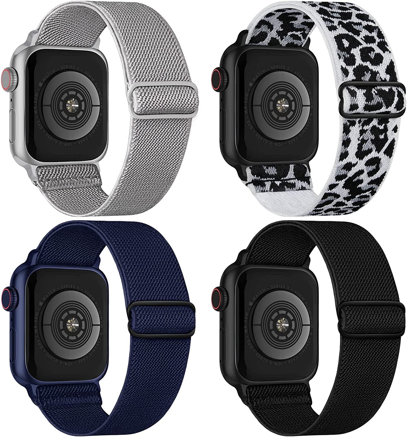 Stretchy Nylon Solo Loop Compatible with Apple Watch Band 38Mm 40Mm 41Mm 42Mm 44Mm 45Mm 49Mm Series 8/7/6/5/4/3/2/1/Se/Ultra  CCnutri Black/Navy/Light-Gray/White-Leopard 38mm/40mm/41mm 
