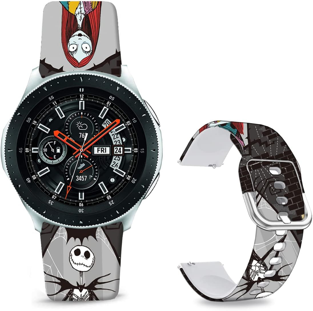 Sjiangqiao Stitch Bands Compatible with Samsung Galaxy Watch 46Mm/Watch 3 45Mm/Gear S3 Frontier/Classic/Pebble Time/Garmin 945/Vivoactive 4/Fossil Q Soft Silicone Chic Cute Cartoon Sports Band Lovely Style Replacement Strap Men Women(Blue-Stitch)  Sjiangqiao Black-Halloween Jack&Sally  