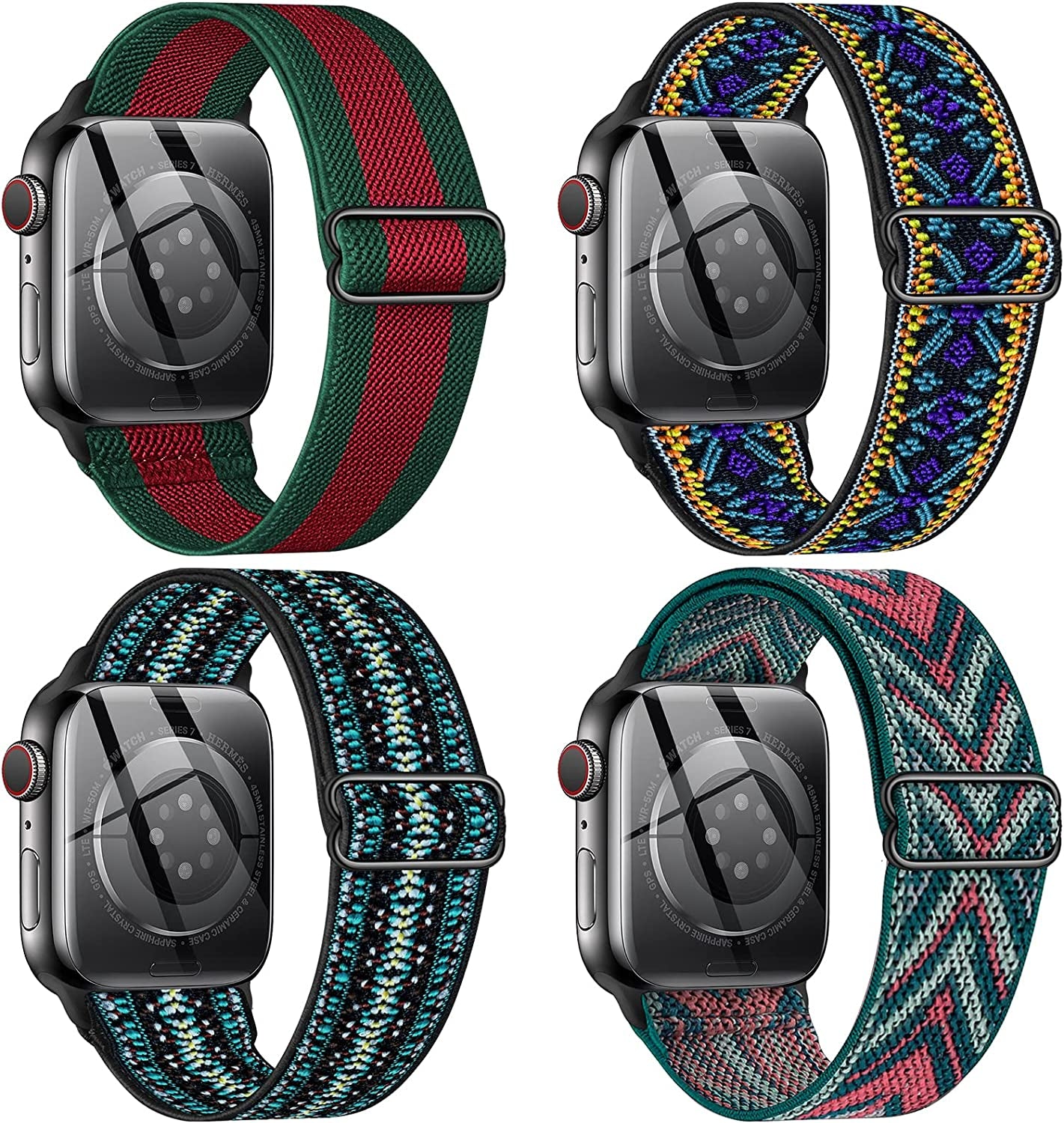 CTYBB 4 Pack Stretchy Nylon Solo Loop Bands Compatible with Apple Watch 40Mm 38Mm 44Mm 49Mm 45Mm 42Mm 41Mm, Adjustable Braided Elastic Sport Straps Womens Men Wristbands for Iwatch Series 8 7 6 5 4 3 2 1 SE Ultra  CTYBB GreenRed/Green boho flower/Purple boho flower/Green Arrow 41mm/40mm/38mm 