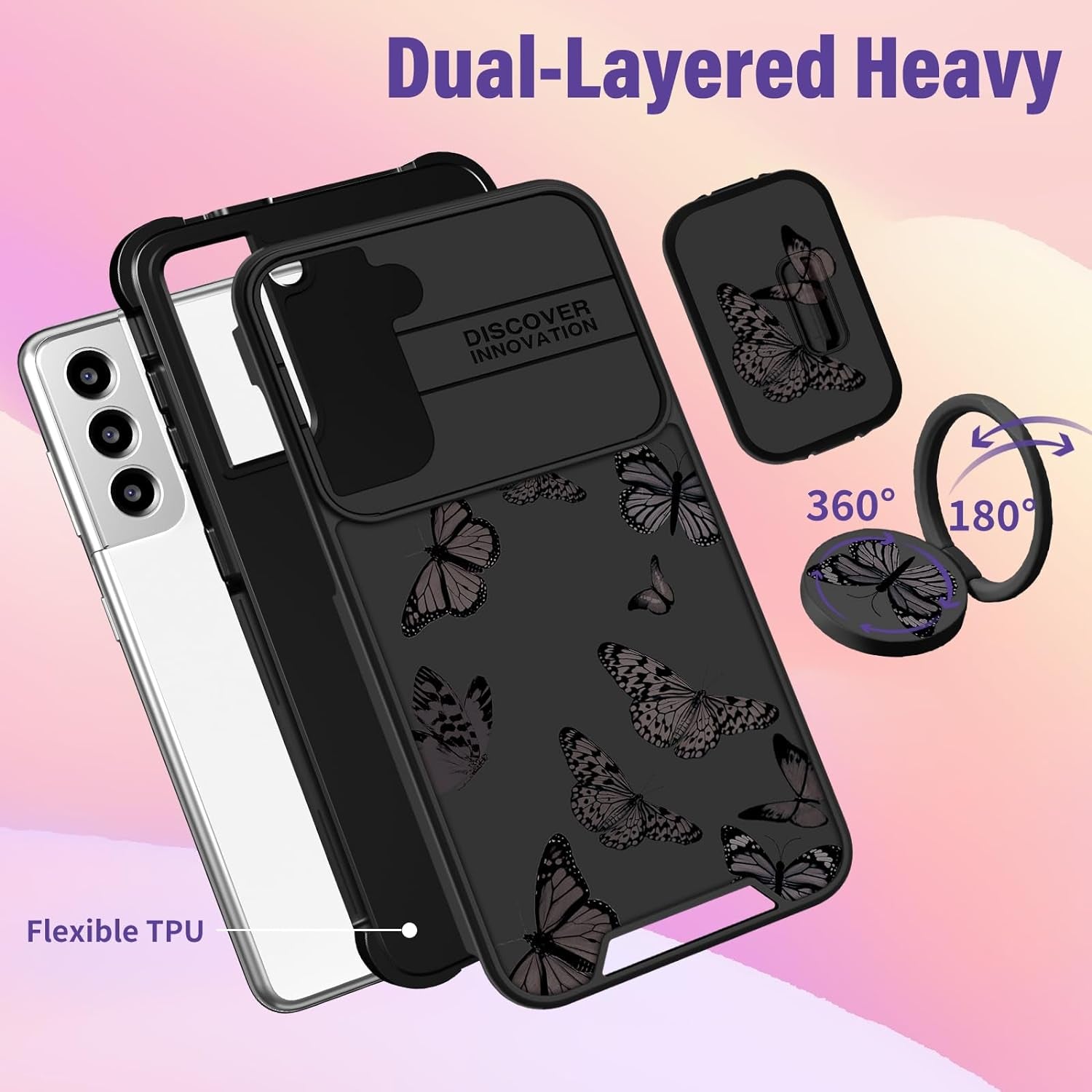 Funermei (2In1 for Samsung Galaxy S21 Case for Women Butterfly Cute Girls Phone Cover Girly Pretty Aesthetic Kawaii Black Butterfly Design with Camera Cover + Ring Stand Funda for Galaxy S21 5G Case  Funermei   