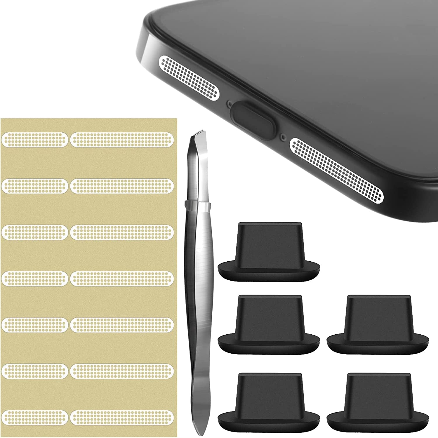 14 Pack Speaker Dust Covers and 5 Pack Phone Dust Plugs with Tweezers, Speaker Dust Proof Stickers Silicone anti Dust Proctors Set(Black)  Weewooday Silver  