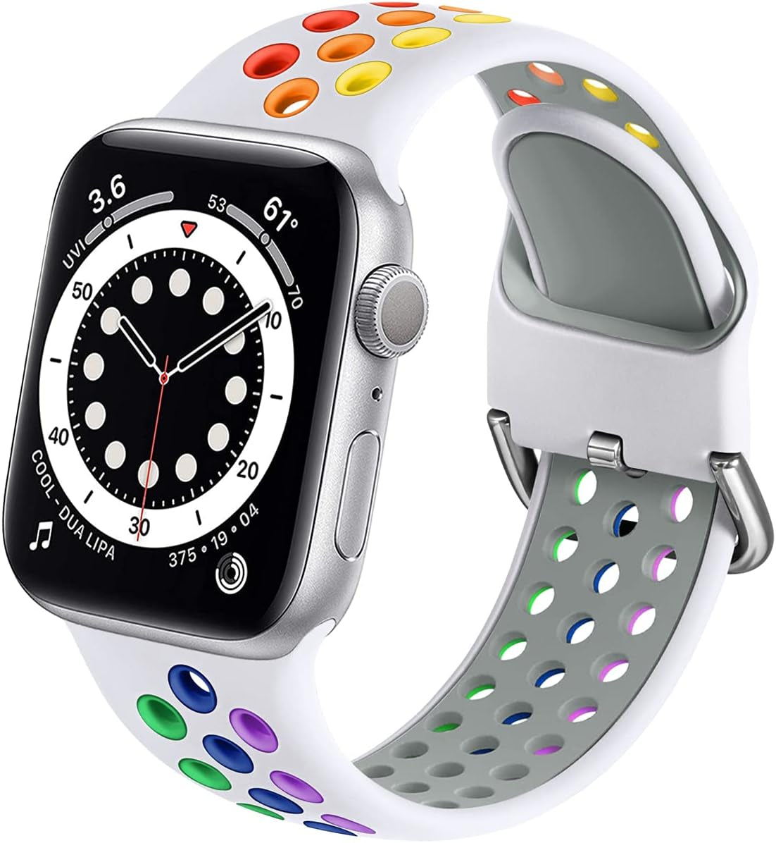 Muranne Sport Band Compatible with Apple Watch 38Mm 40Mm 41Mm 42Mm 44Mm 45Mm 49Mm for Women Men, Sport Breathable Soft Silicone Replacement Strap for Iwatch SE Ultra Series 8 7 6 5 4 3 2 1, S/M M/L  Muranne White/Rainbow 42mm/44mm/45mm/49mm S/M 