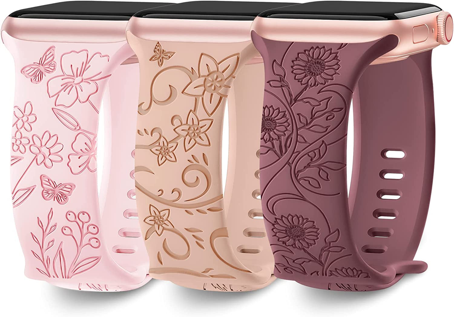 3 Pack Floral Engraved Bands Compatible with Apple Watch Band 40Mm 41Mm 38Mm 42Mm 44Mm 45Mm 49Mm Women,Soft Silicone Cute Wildflowers Sport Laser Strap for Iwatch Bands Series Ultra SE 8 6 5 4 3 2 1  AMSKY Baby Pink/Milk Tea/Violet Smoke 38/40/41 mm 