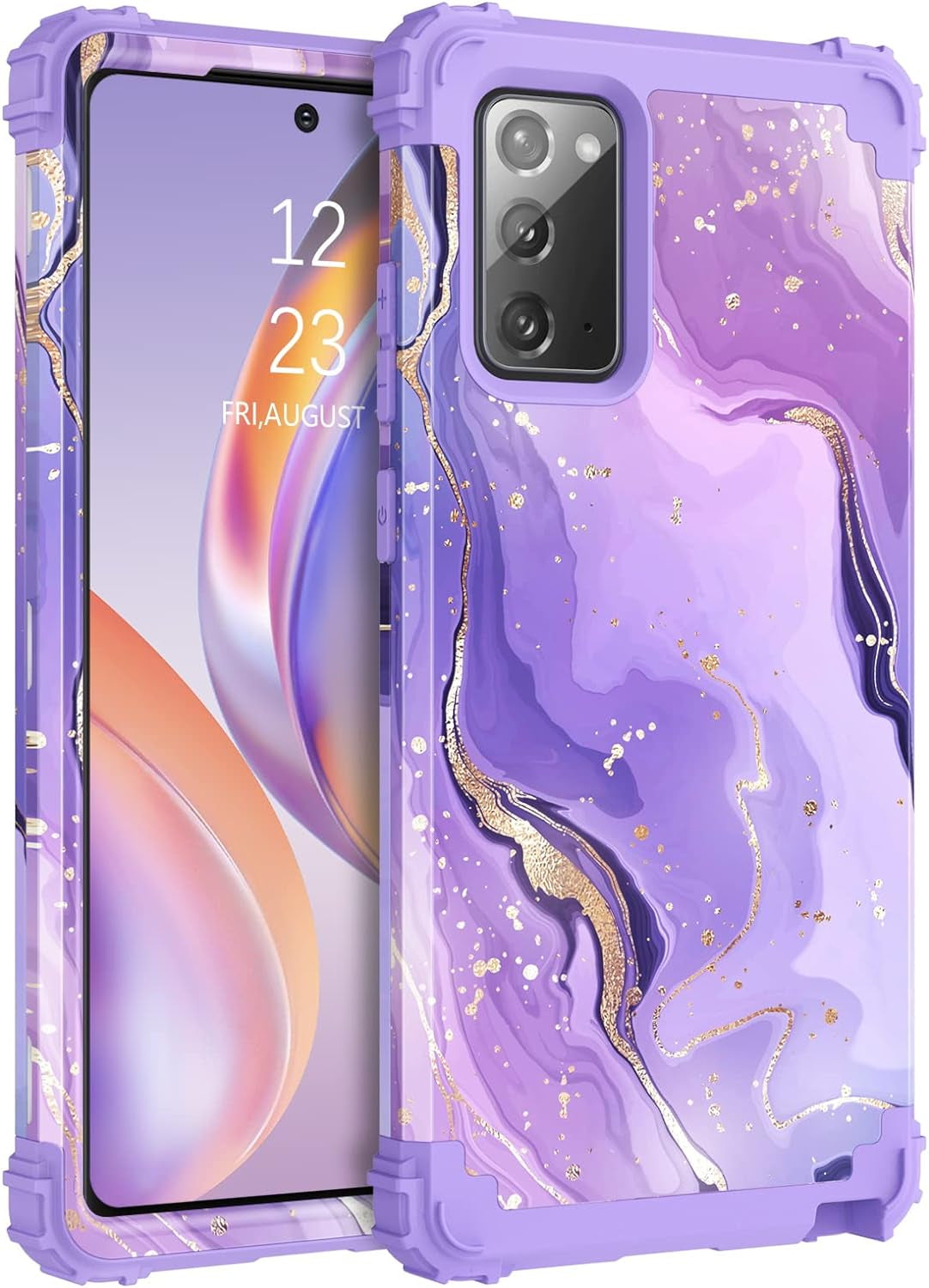 DUEDUE for Samsung Galaxy Note 20 Case, Marble Pattern Heavy Duty Rugged Shockproof Drop Protection 3 in 1 Hybrid Hard PC Cover Soft Silicone Bumper Phone Case for Samsung Note 20, Purple/Marble  DUEDUE   