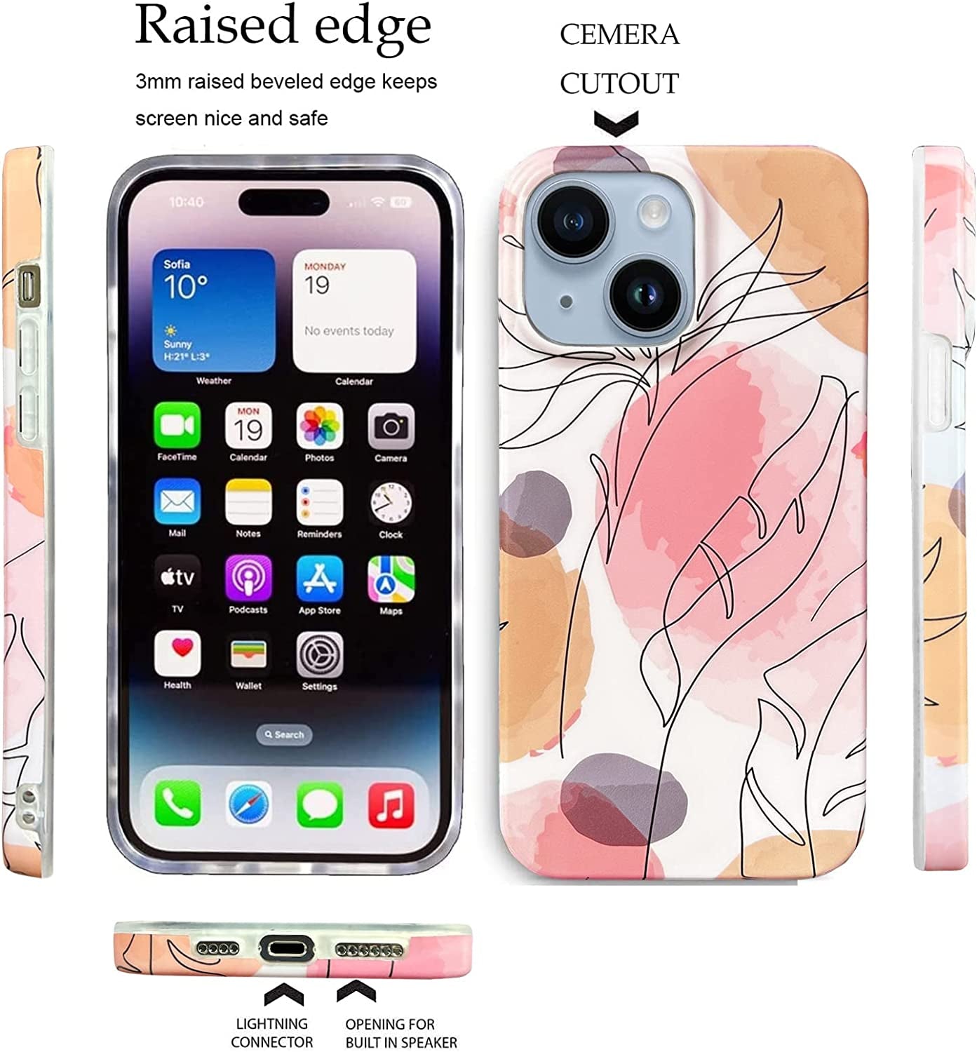 J.West Compatible with Iphone 14 Case 6.1" Cute Boho Style Leaf Soft Silicone Rubber Shockproof Cute Floral Pattern Design Slim Fit Anti-Scratch Phone Protective Case Cover for Women Girl Pink Orange  J.west   