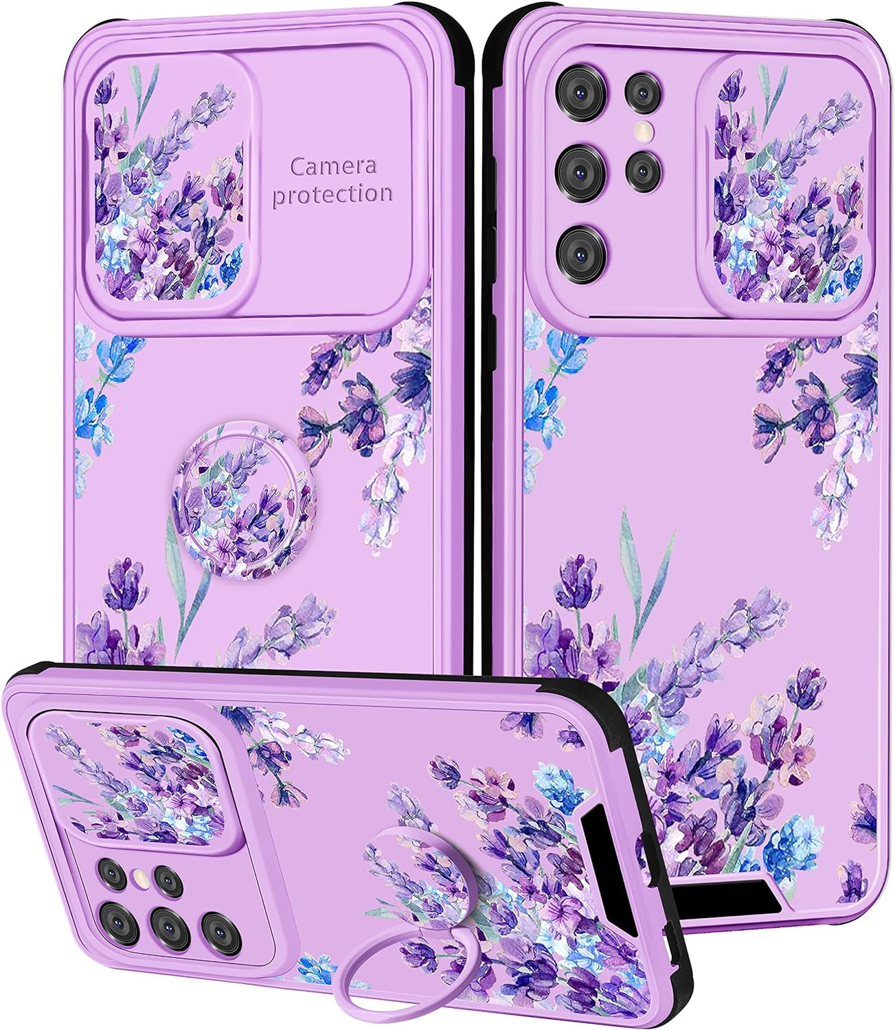 Goocrux for Samsung Galaxy S21 Ultra Case Floral Flowers for Women Girls Cute Girly Phone Cover Blue Flower Plants Design with Slide Camera Cover and Ring Holder Fashion Cases for S21 Ultra 6.8''  Goocrux Lavandula  