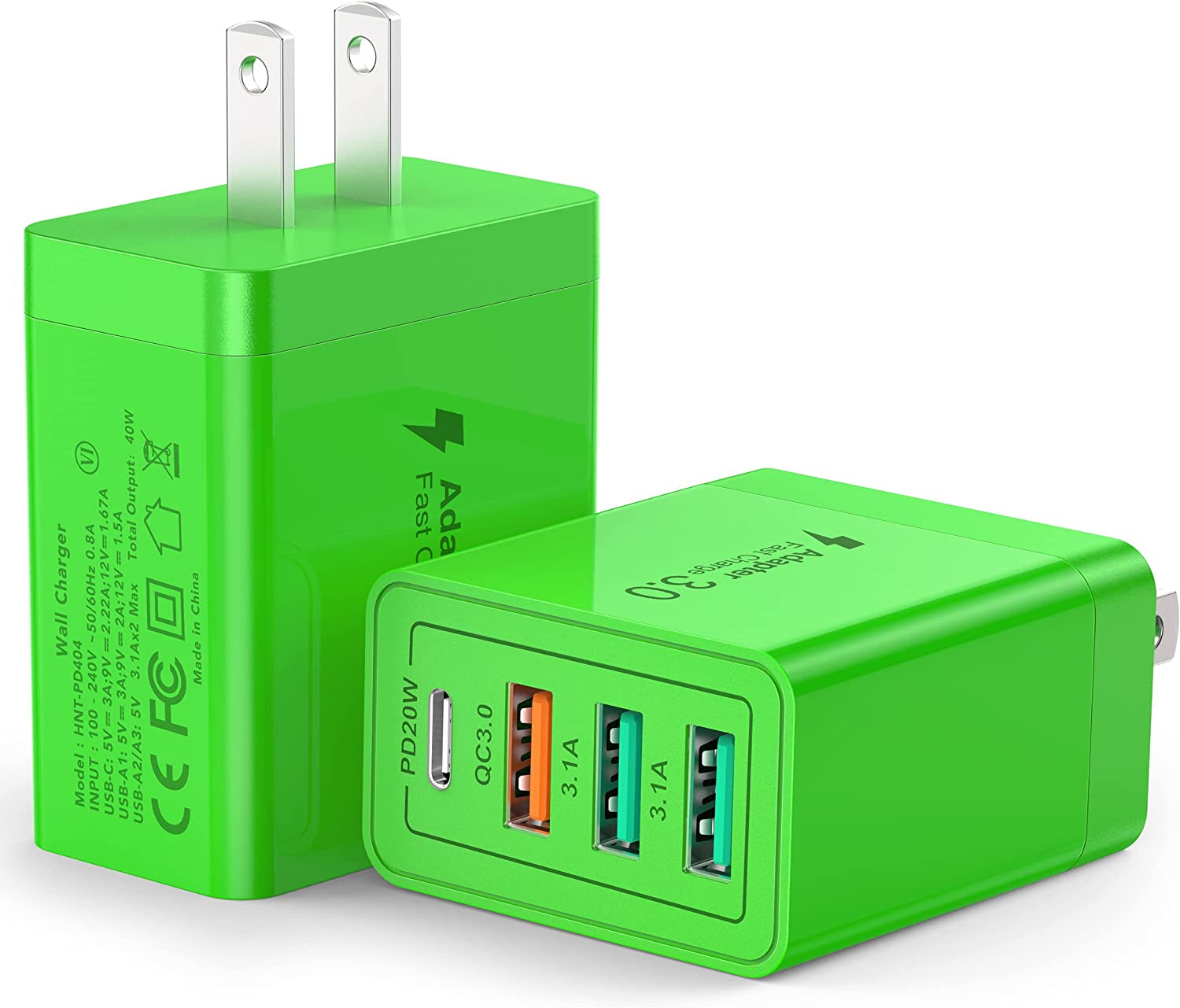 [2 Pack] USB-C Wall Charger, 40W Durable 4Port QC+PD 3.0 Power Adapter, Double Fast Plug Charging Block for Iphone 14/14 Pro/14 Pro Max/14 Plus/13/12/11, XS/XR/X, Watch Series 8/7 Cube(White)  CSODINCE Green  