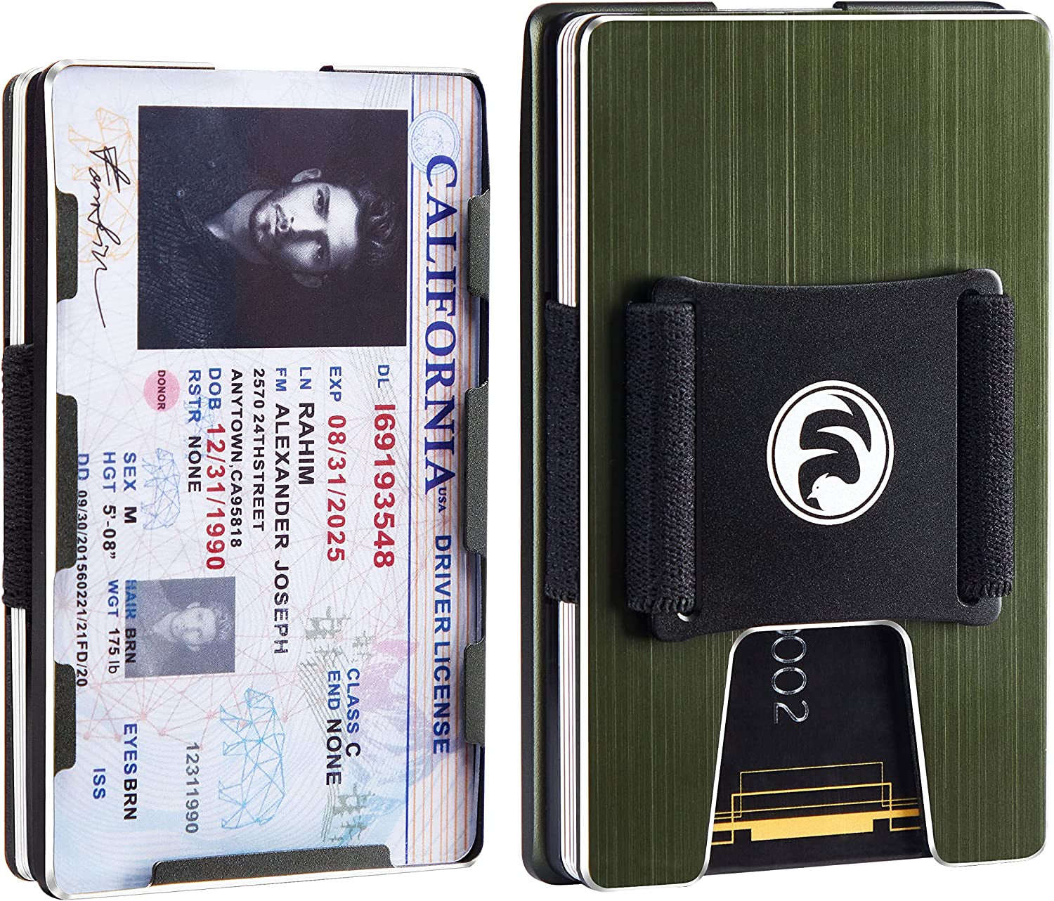 Men Minimalist Metal Wallet with ID Window Money Clip | Slim Front Pocket RFID Blocking Aluminum EDC Tactical Wallets with Cash Strap | Personalized Mini Multifunction Card Holder for Travel Business  FeiYen ID Wallet-Brushed army green  