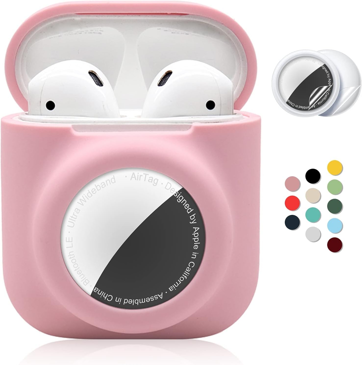 2 in 1 Silicone Protective Skin Cover Compatible with Airpod 1&2 and Airtag, Soft Comprehensive Protective Case with 2 PCS TPU Screen Protector, Anti-Scratch Anti-Fall Anti-Lost(Black)  Enspito Pink  