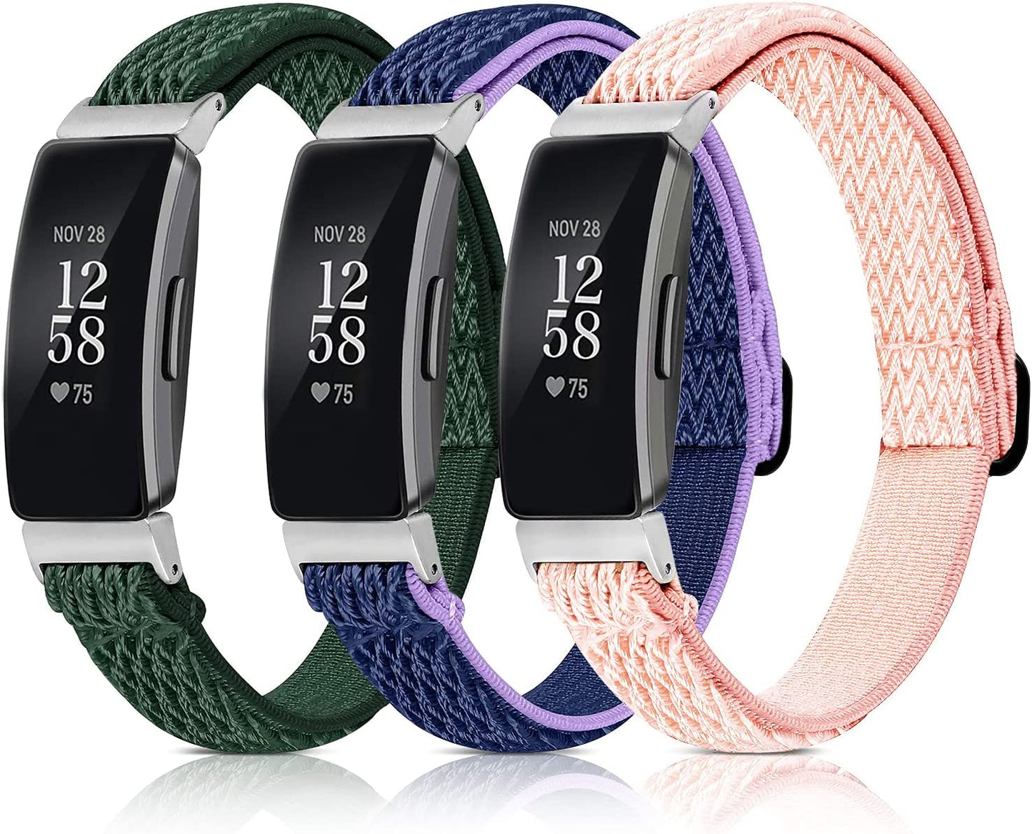 3 Pack Adjustable Fitbit Inspire 2 Bands, Compatible with Fitbit Inspire 2 / Inspire Hr/Inspire, Soft Loop Nylon Fabric Breathable Stretchy Replacement Straps for Women/Men  POHNUI Army Green+Purple Blue+Pink Ripple  