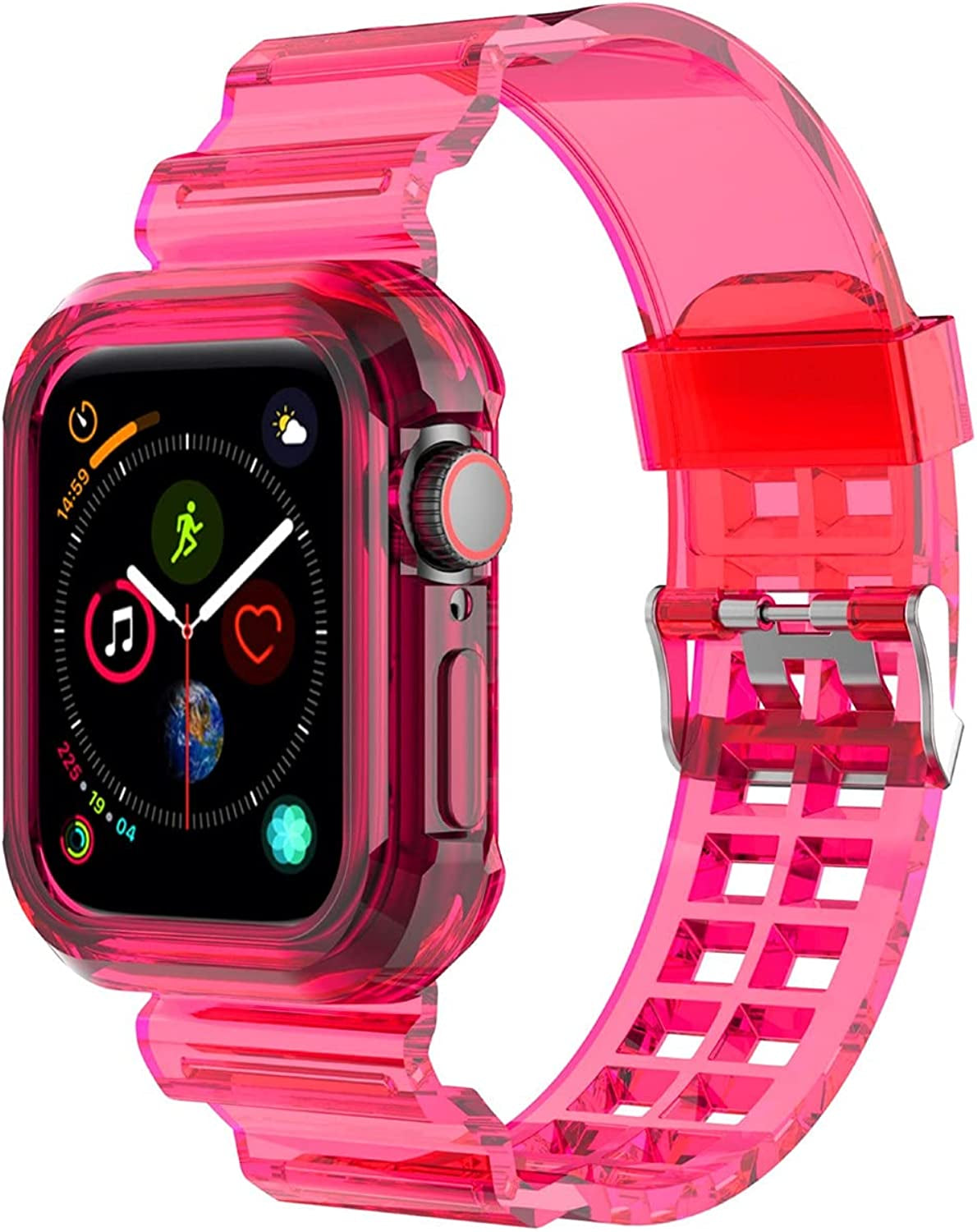 Kaihang Compatible for Apple Watch Band, Crystal Clear Iwatch Band Strap with Rugged Bumper Case 38Mm/40Mm/41Mm/42Mm/44Mm/45Mm/49Mm Bands for Apple Watch Series SE/8/7/6/5/4/3/2  Kaihang Fluorescent Rose Red 42mm/44mm 