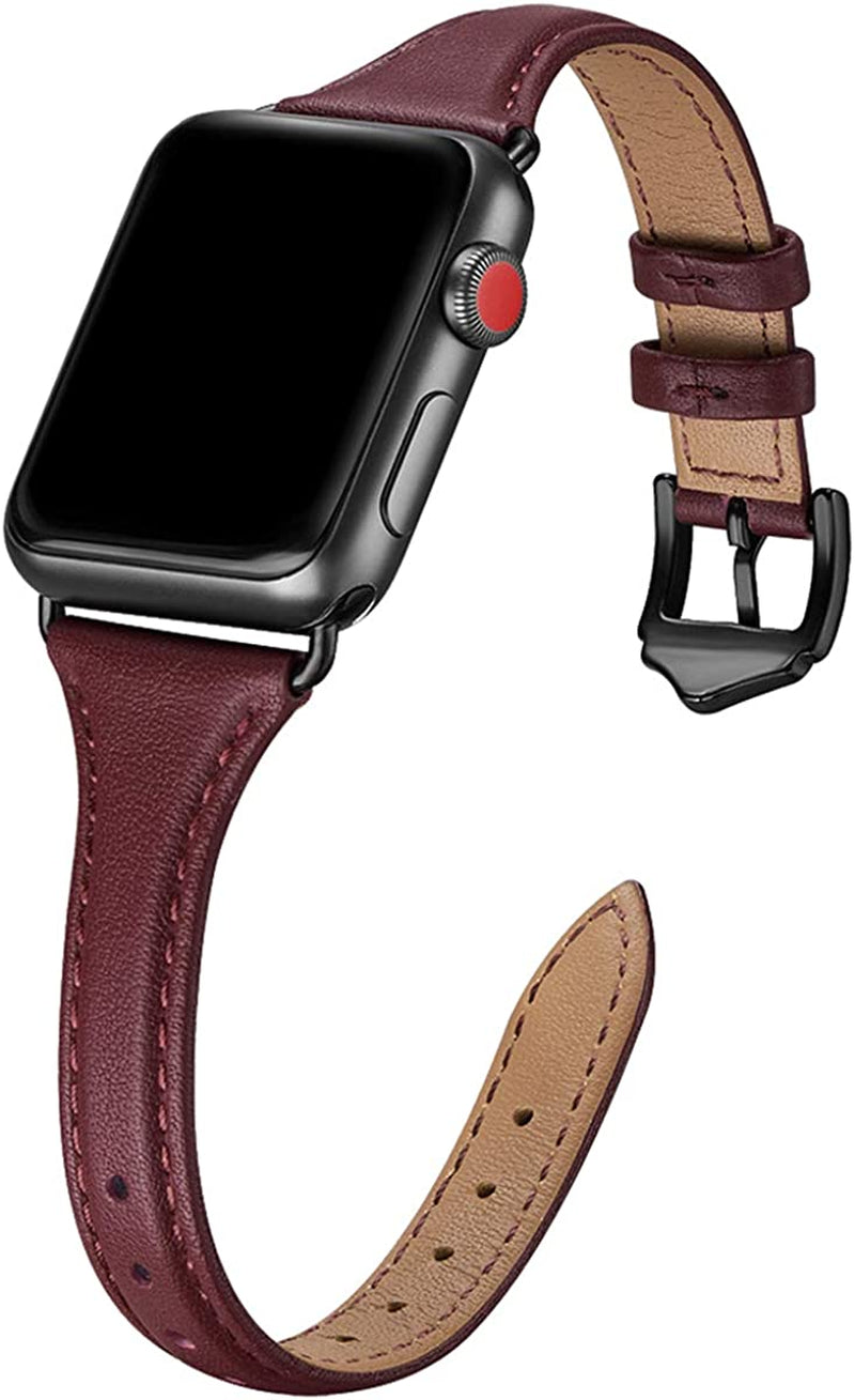 WFEAGL Leather Bands Compatible with Apple Watch Band 38Mm 40Mm 41Mm 42Mm 44Mm 45Mm 49Mm Women, Top Grain Leather Strap Slim & Thin Replacement Wristband for Iwatch Ultra SE & Series 8 7 6 5 4 3 2 1  WFEAGL wine/black 38mm 40mm 41mm 