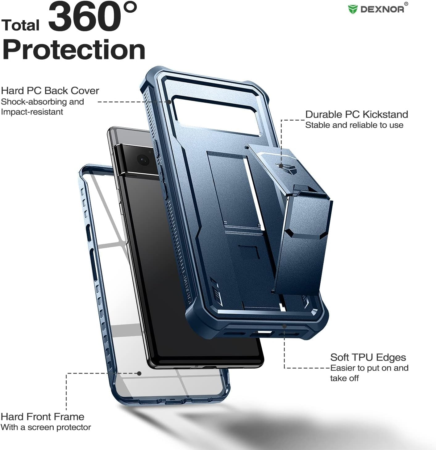 Dexnor for Google Pixel 6 Pro Case, [Built in Screen Protector and Kickstand] Heavy Duty Military Grade Protection Shockproof Protective Cover for Google Pixel 6 Pro 5G (Navy Blue)  Dexnor   