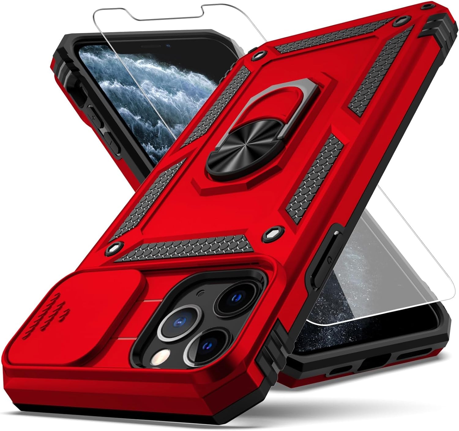 YZOK for Iphone 11 Pro Max Case with Slide Camera Cover+ HD Screen Protector,Rotated Ring Kickstand Military Grade Shockproof Protective Cover-Red  YZOK   
