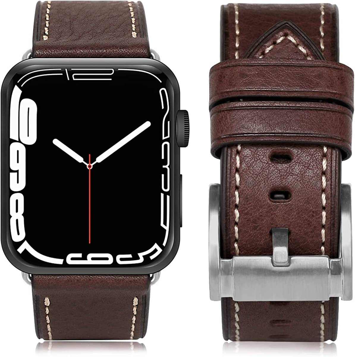HUAFIY Compatible for Apple Watch Bands 42Mm 44Mm45Mm 49Mm 38Mm 40Mm41Mm, Genuine Leather Band Strap for Iwatch Series 8,7,6,5,4,3,2,1, Ultra Sport SE  huahuei Vegetable Tanned Coffee Silver Buckle 38mm 40mm41mm 