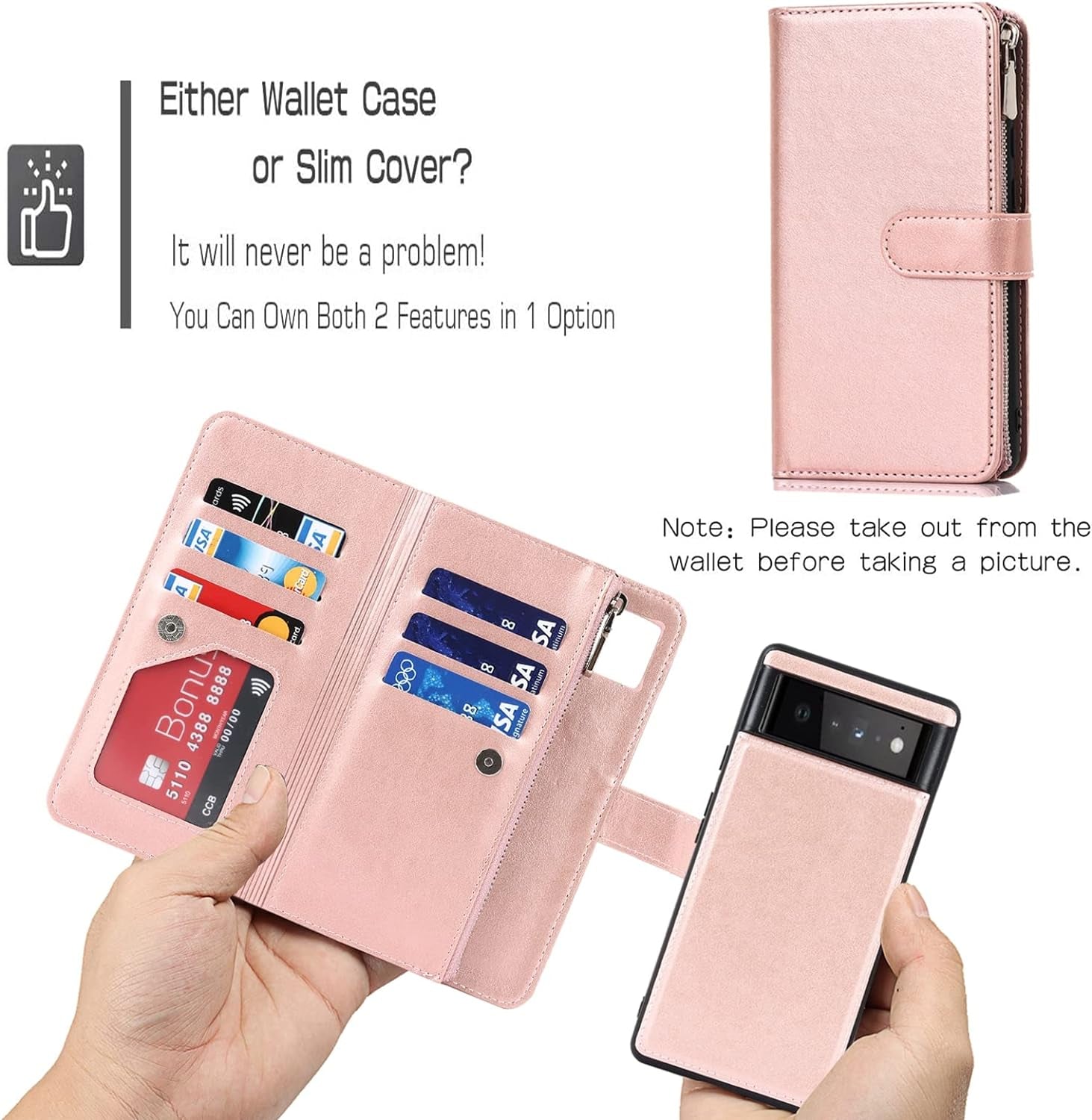 Jaorty Compatible with Google Pixel 6 Wallet Case,[6 Card Slots] [Wrist Strap] [Stand Feature] Detachable 2 in 1 Magnetic Zipper Leather Cover Case for Google Pixel 6,6.4" Rosegold  Jaorty   