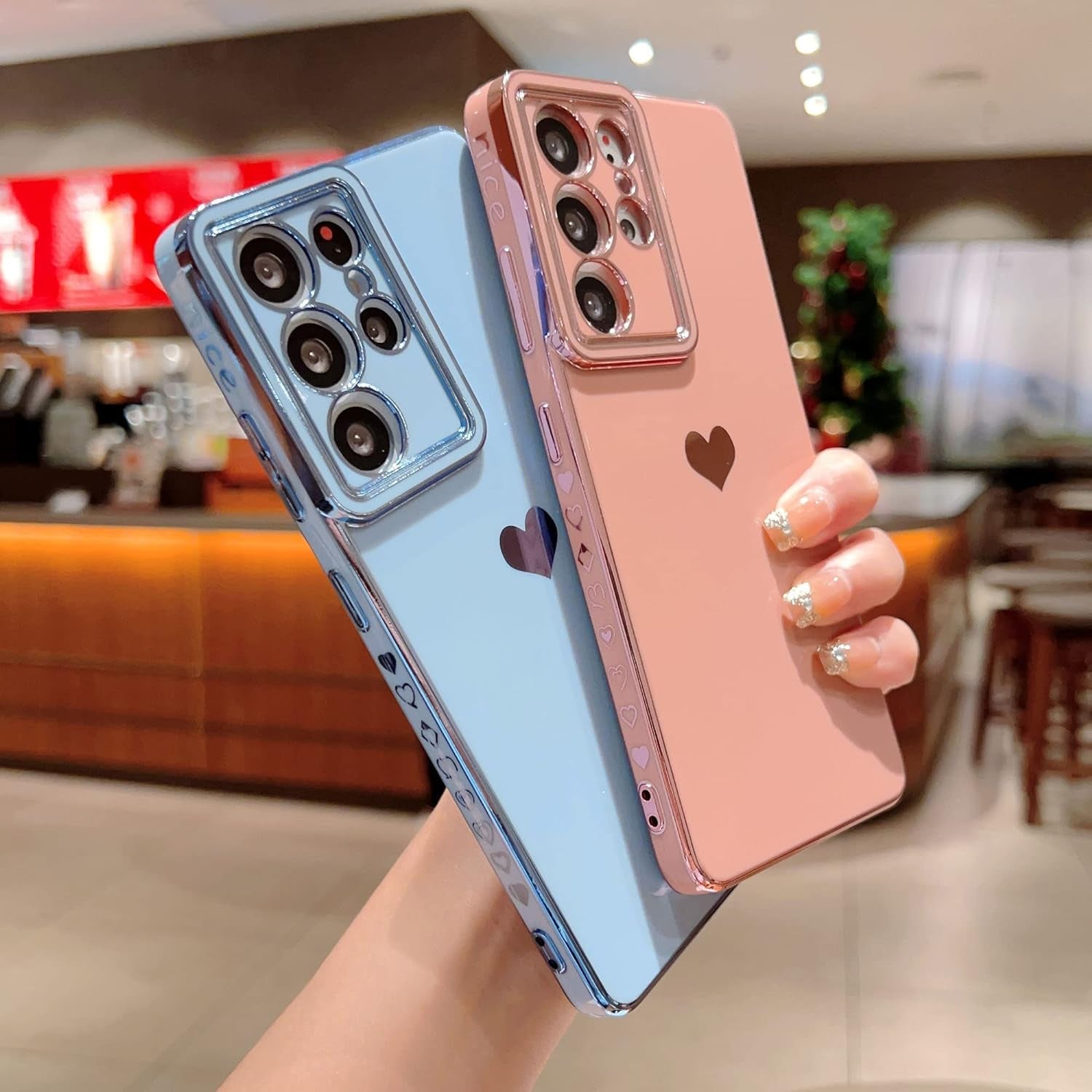 VANIPUFF Samsung Galaxy S21 Ultra 5G 6.8" Phone Case with Luxury Electroplate Cute Side Love Heart Cover Full Camera Protection Soft Silicone Anti-Fingerprint Shockproof Cover Bumper (Pink)  VANIPUFF\1   