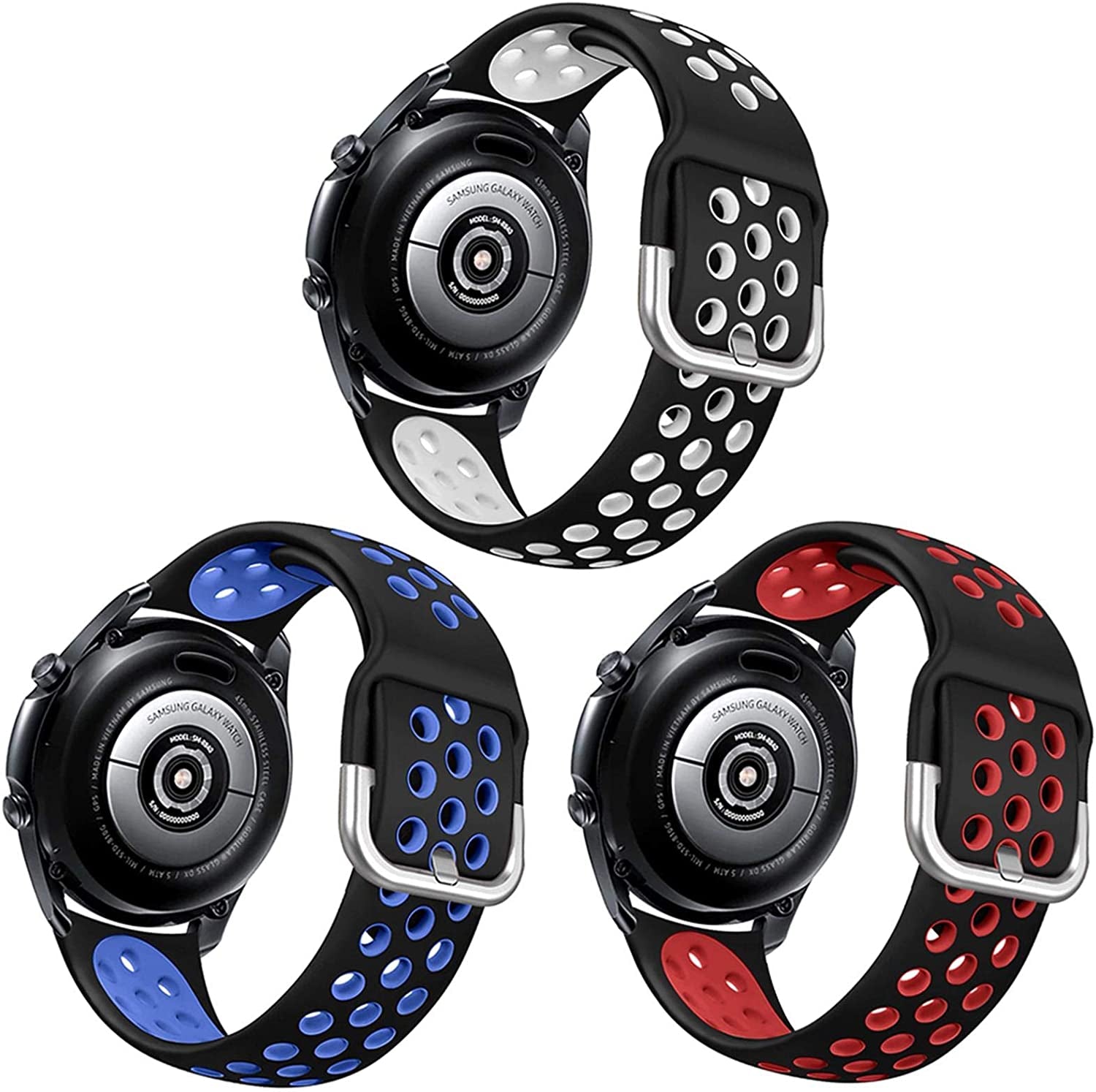 NAHAI 3 Pack Sport Bands Compatible with Samsung Galaxy Watch 46Mm/Gear S3 Frontier for Men Women, 22Mm Watch Band Silicone Quick Release Rubber Replacement Strap for Galaxy Watch 3 LTE (45Mm)  NAHAI Black/Red,Black/White,Black/Blue S: 5.9"-7.6" 