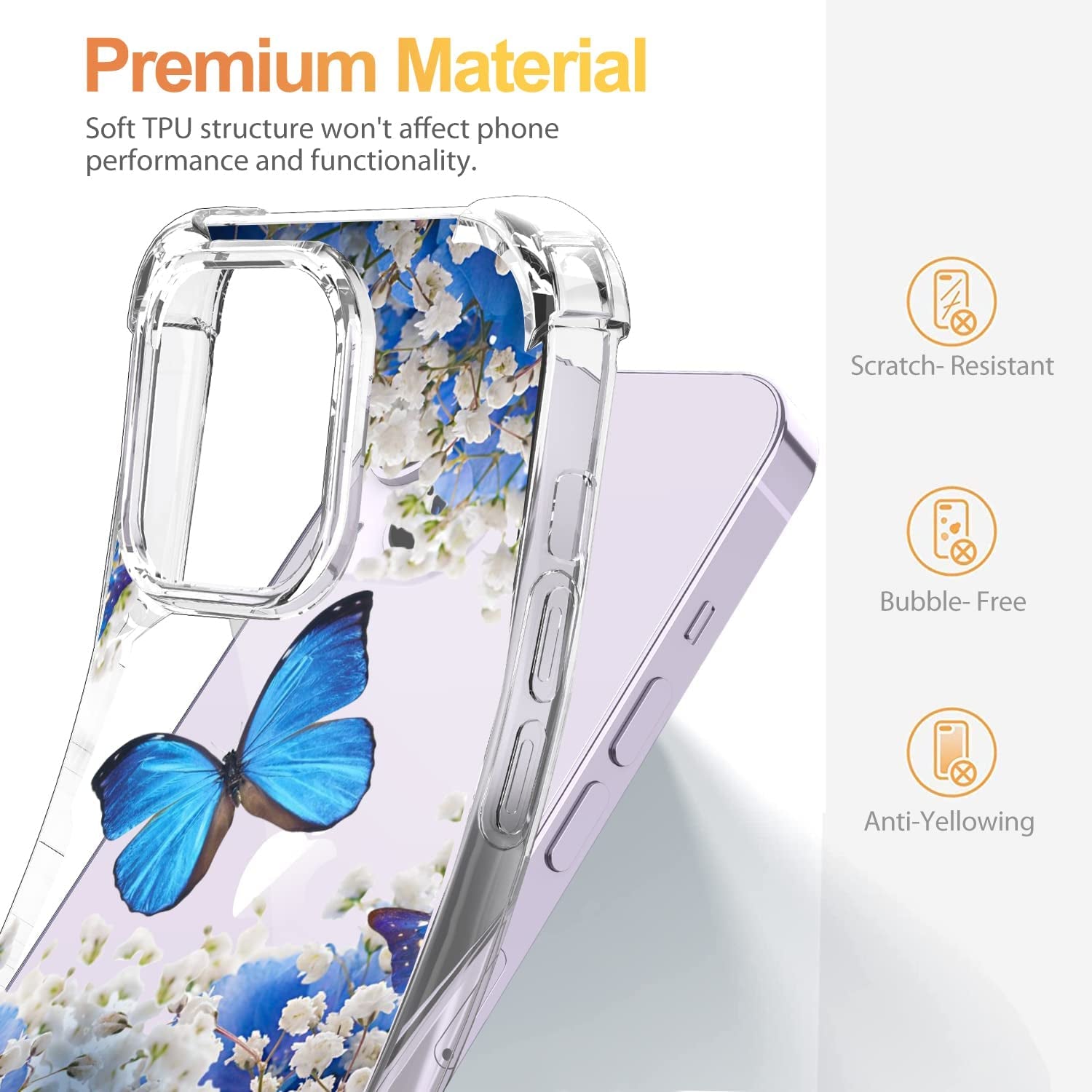 YOYORI Compatible with Iphone 14 Case with Screen Protector, Flower Pattern Design, Floral Clear Women Phone Case Shockproof Protective Soft TPU Bumper Cover 6.1 Inch 2022 (Butterfly/Blue)  YOYORI   