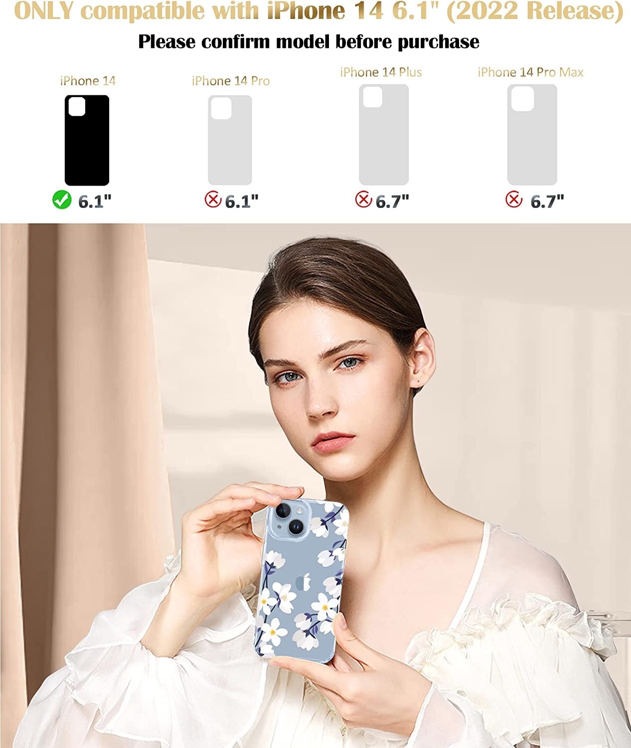 MIODIK Compatible with Iphone 14 Case with Screen Protector + Camera Lens Protector, [Anti-Yellow] Clear Floral Phone Case, Protective Shockproof Cover for Women Girls 6.1 Inch - Alyssum/White  MIODIK   
