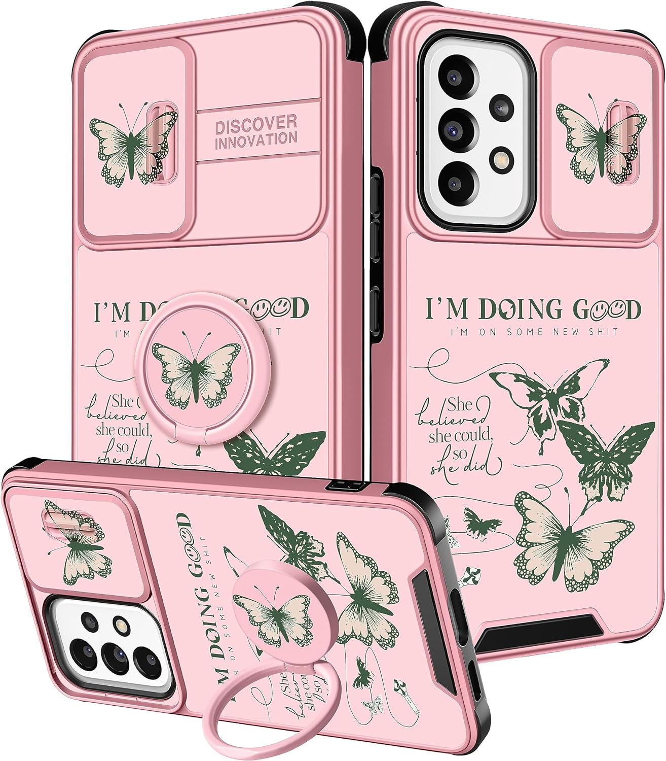 Funermei (2In1 for Samsung Galaxy A53 5G Phone Case for Women Cute Girls Cover Butterfly Girly Kawaii Aesthetic Butterfly Design with Camera Cover and Ring Stand Funda for Samsung A53 5G Case  Funermei 1-For A53 5G-Green Butterfly  