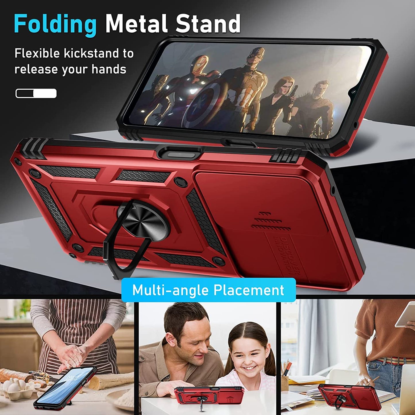 Janmitta Oneplus Nord N300 5G Case Built in Slide Camera Lens Cover and Screen Protector,Heavy Duty Shockproof Full Body Protective Phone Cover,Built in Finger Ring Stable Holder Kickstand,2022 Red  Janmitta   