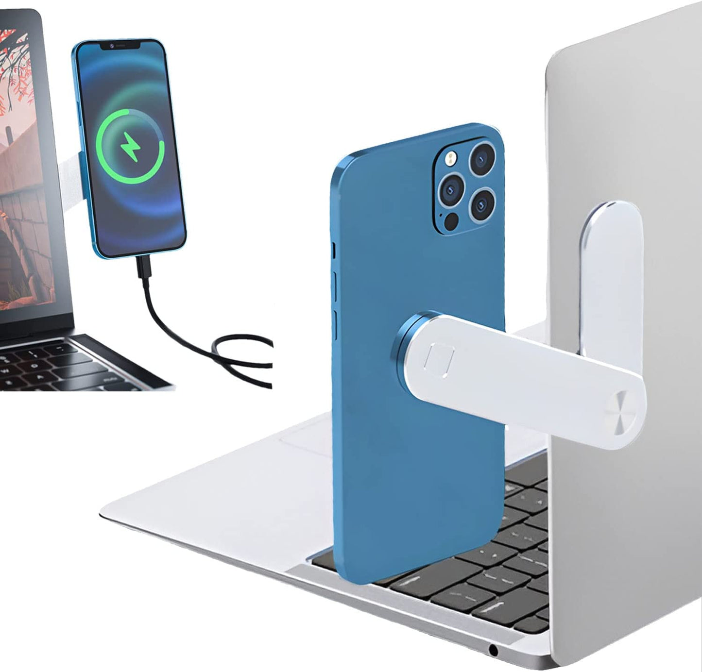 QYHOO Laptop Phone Holder, Adjustable Magnetic Laptop Phone Stand Side Mount Clip, Slim Portable Foldable Computer Monitor Expansion Bracket, Multi-Tasking, Dual Screen (Silver)  QYHOO   