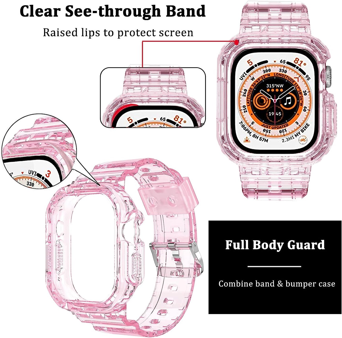 NINKI Compatible with Crystal Clear Apple Watch Ultra Band 49Mm with Bumper Case,Silicone Jelly Waterproof Sport Soft TPU Transparent Iwatch Ultra Band Straps for Apple Watch Ultra 49Mm Band and Case  NINKI   