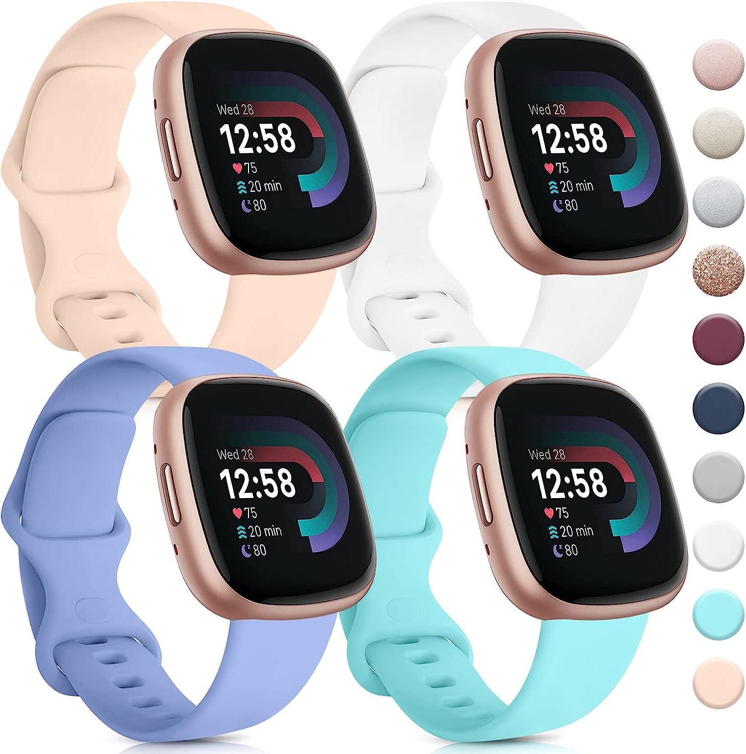 4 PACK Bands Compatible with Fitbit Sense 2 / Sense Bands/ Fitbit Versa 4/ Versa 3 Bands Women Men, Classic Soft Silicone Straps for Fitbit Sense 2 / Sense / Versa 4 / Versa 3 Smart Watch  AK Pink Sand/Lavender/White/Light Blue Large 