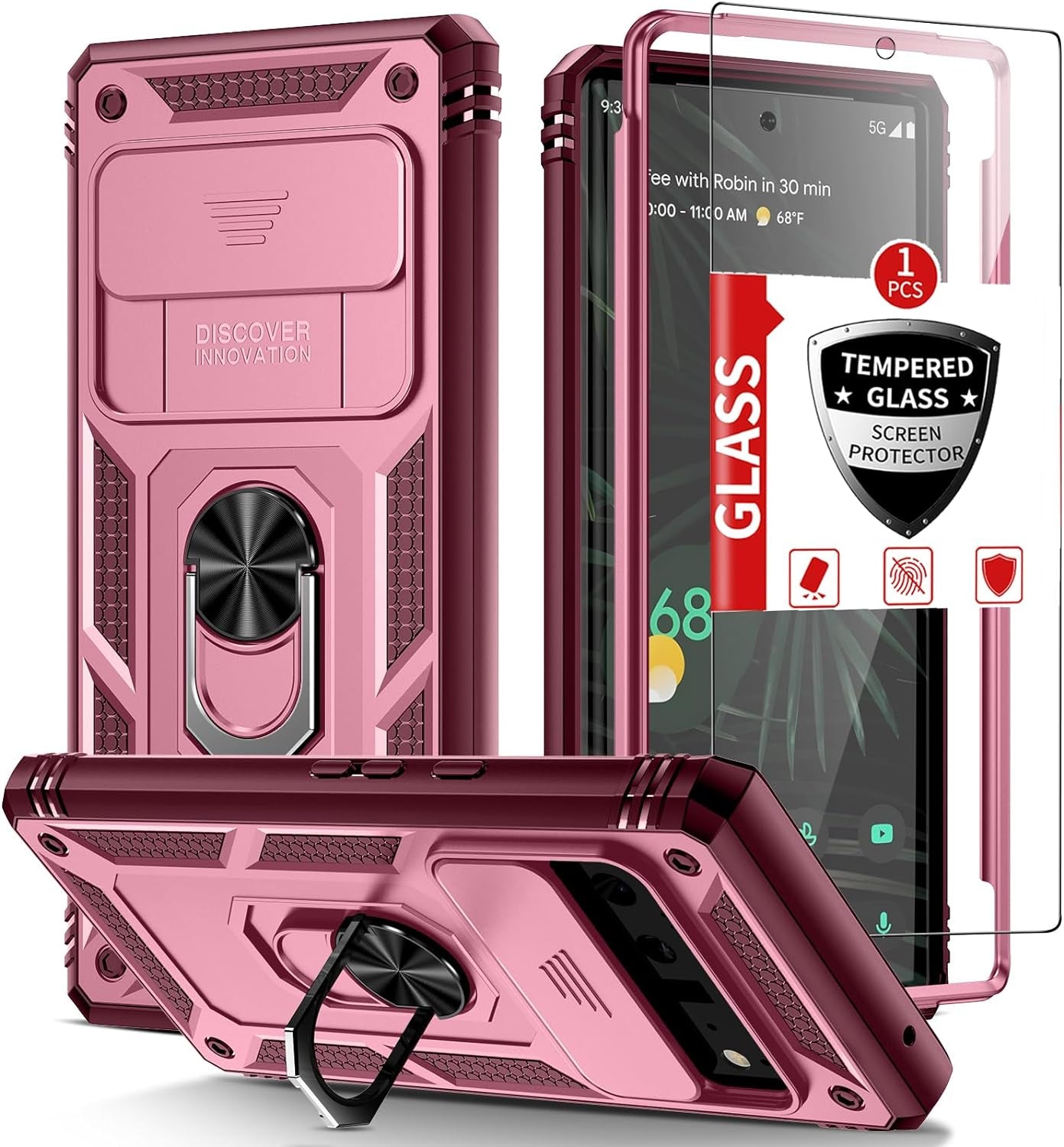 IYTRRYH for Google Pixel 6 Pro Case 5G with Tempered Glass Screen Protector with Magnetic Car Kickstand Ring&Camera Cover Shockproof Military Grade Drop Heavy Duty Protection Men Pixel 6 Pro 6.7'Black  IYTRRYH Dark Red Google Pixel 6 Pro 