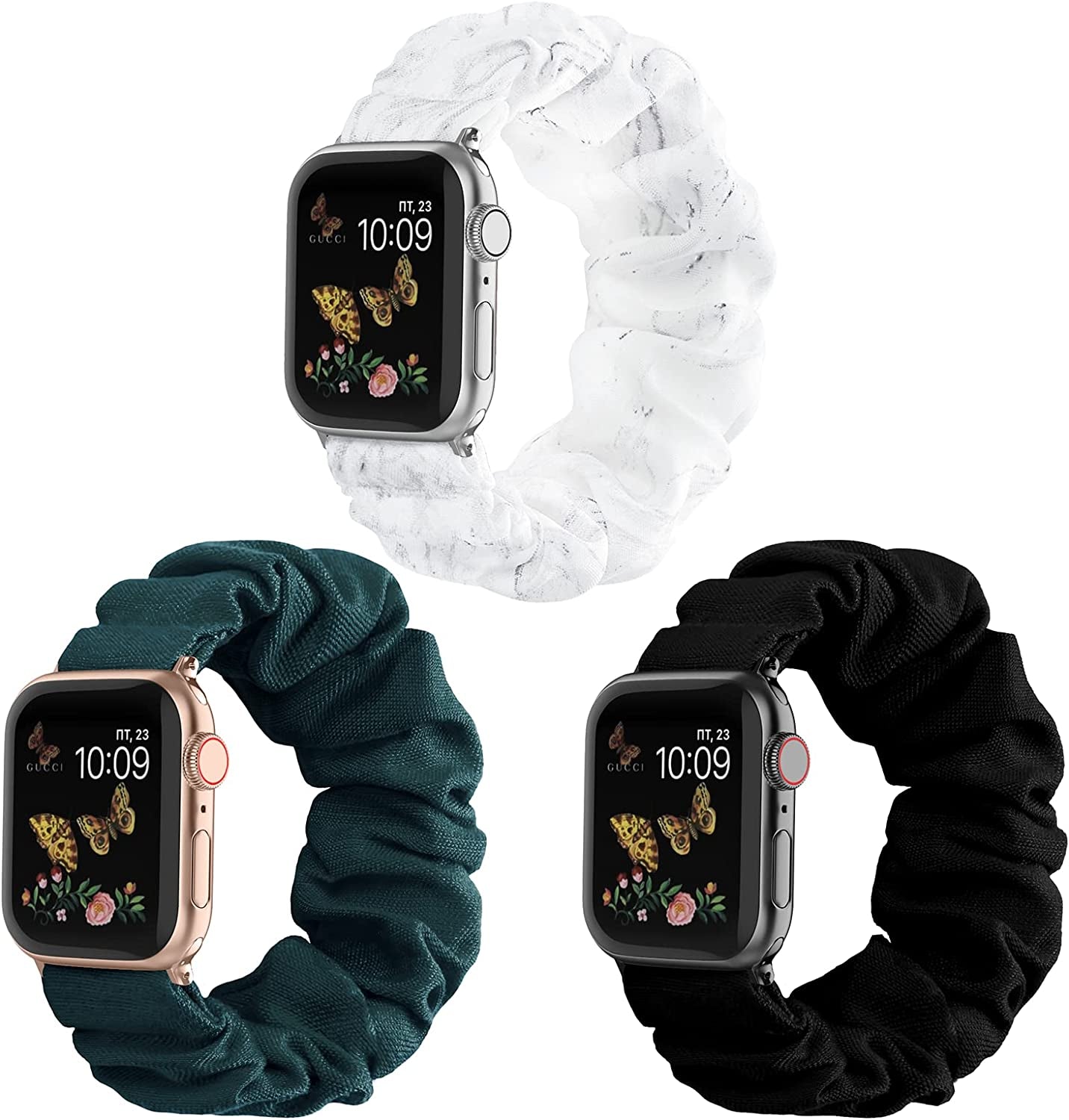 Recoppa Compatible for Scrunchie Apple Watch Band 38Mm 41Mm 42Mm 40Mm 44Mm 45Mm Cute Print Elastic Watch Bands Women Bracelet Strap for Apple Iwatch Series 7 6 5 4 3 2 1 SE(3 Pack, 38/40/41Mm-Small)  Recoppa Black/White Marble/Deep Green 38mm/40mm/41mm-Large 