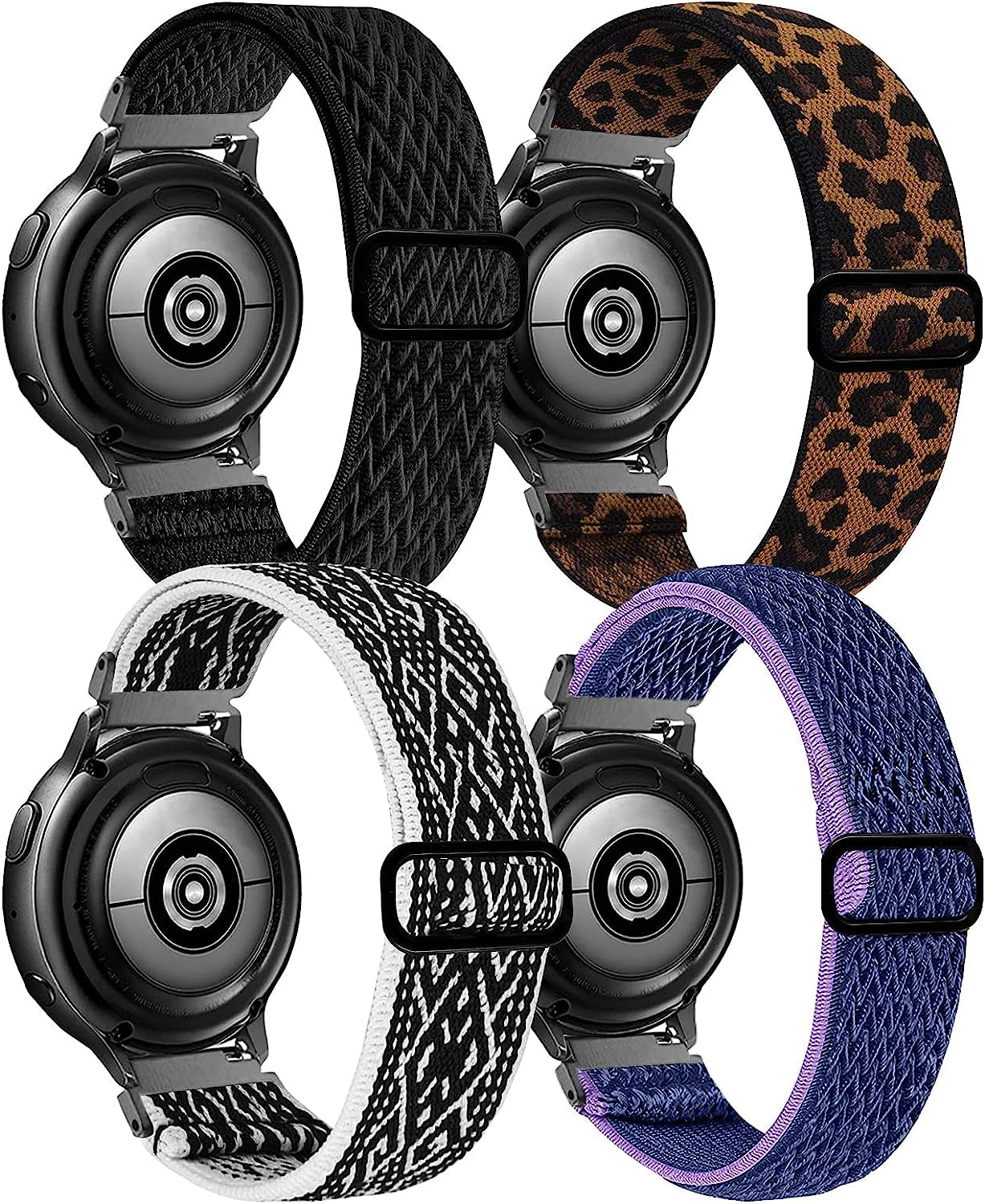 20Mm Stretchy Band Compatible with Samsung Galaxy Watch 5/4 40Mm 44Mm/Watch 5 Pro 45Mm/Watch 4 Classic 42Mm 46Mm/Watch 3 41Mm/Galaxy Watch 42Mm/Active 40Mm/Active 2 40 44Mm, Nylon Strap for Men Women  POHNUI Leopard+Black+Black White Rhombus+Purple Blue  