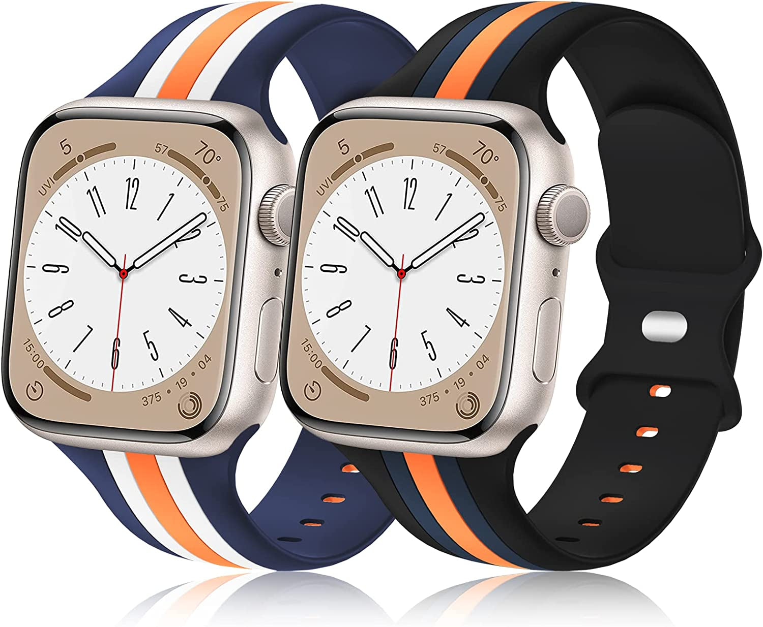 [2 Pack] Designer Bands Compatible with Apple Watch Band 38Mm 40Mm 41Mm 42Mm 44Mm 45Mm 49Mm Men Women, Soft Silicone Sport Band Replacement Strap for Apple Watch Ultra Iwatch Series 8 7 SE 6 5 4 3 2 1  Seizehe Black/Blue/Orange - Blue/White/Orange 38mm/40mm/41mm 