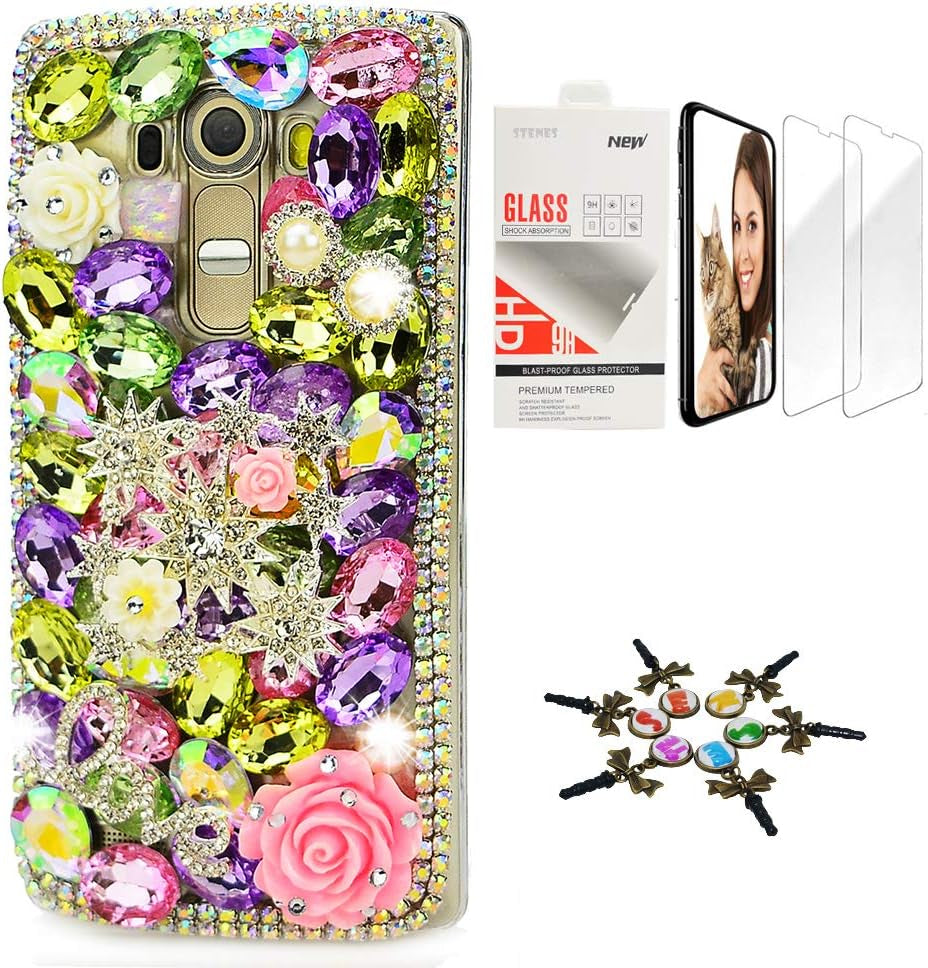 STENES Bling Case Compatible with LG G6 / LG G6 plus - Stylish - 3D Handmade [Sparkle Series] Pretty Butterfly Bowknot Rose Flowers Design Cover with Screen Protector [2 Pack] - Colorful  STENES Stars Rose Flowrs Love / Colorful Design For Lg V40 Thinq 