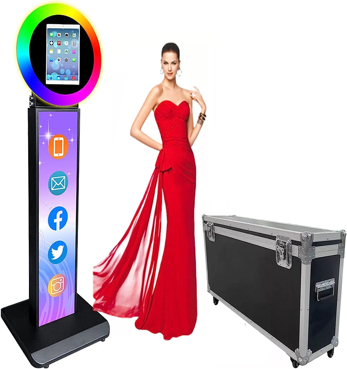 NETSOLAR Portable Photo Booth for 10.2'' Ipad Stand Shell Metal Selfie Photobooth Machine with Adjustable RGB LED Light Ring Free Custom Logo for Parties Wedding Exhibition Rental Business (Black)  NETSOLAR Black & Customized LOGO + Flight Case For 10.9"/11" ipad 