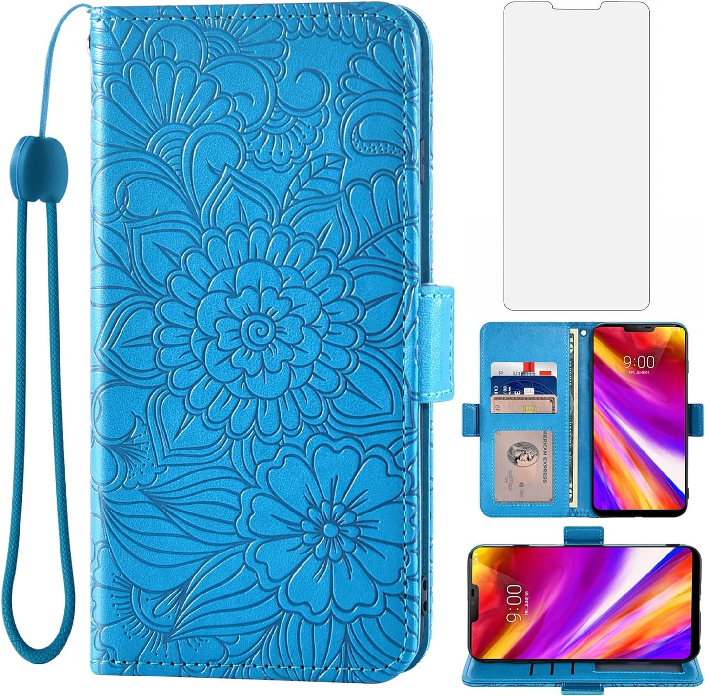 Compatible with LG G7 Thinq Wallet Case and Tempered Glass Screen Protector Card Holder Stand Phone Cover for LGG7 One G 7 plus LG7 Fit Lg7Thinq 7G Thin Q G7+ G7Thinq Lgg7Thinq Women Men Rose Gold  Asuwish Blue For Lg G7 