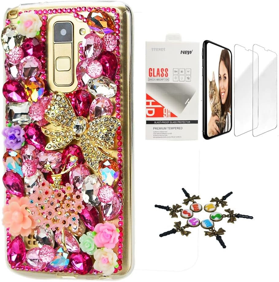 STENES Bling Case Compatible with LG V40 Thinq - Stylish - 3D Handmade [Sparkle Series] Rhinestone Pretty Cat Crown Rose Flowers Design Cover with Screen Protector [2 Pack] - Blue  STENES Bowknot Flowers Dance Girl Flowers / Red Design For Lg Aristo 3 / Lg Tribute Empire 