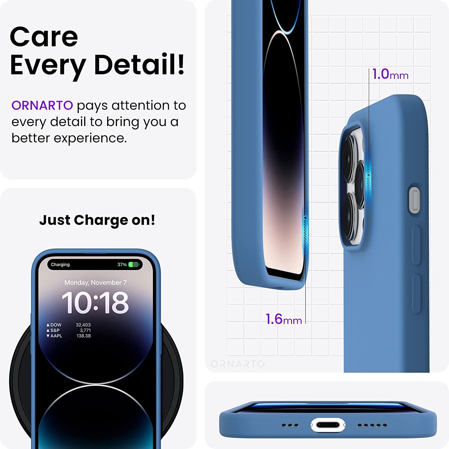 ORNARTO Compatible with Iphone 14 Pro Case 6.1, Slim Liquid Silicone 3 Layers Full Covered Soft Gel Rubber Phone Case Protective Cover with Microfiber Lining 6.1 Inch-Blue  ORNARTO   