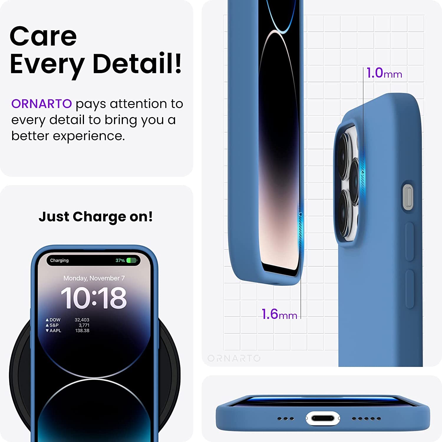 ORNARTO Compatible with Iphone 14 Pro Case 6.1, Slim Liquid Silicone 3 Layers Full Covered Soft Gel Rubber Phone Case Protective Cover with Microfiber Lining 6.1 Inch-Blue  ORNARTO   