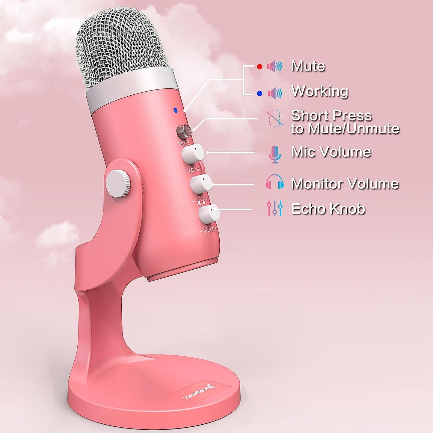 Zealsound Gaming USB Microphone,Pink Microphone with Quick Mute for Phone Computer PC Ps5,Studio Mic with Gain Control,Echo&Monitor Volume Adjust for Streaming Vocal Recording ASMR Podcast Video K66  ZealSound   