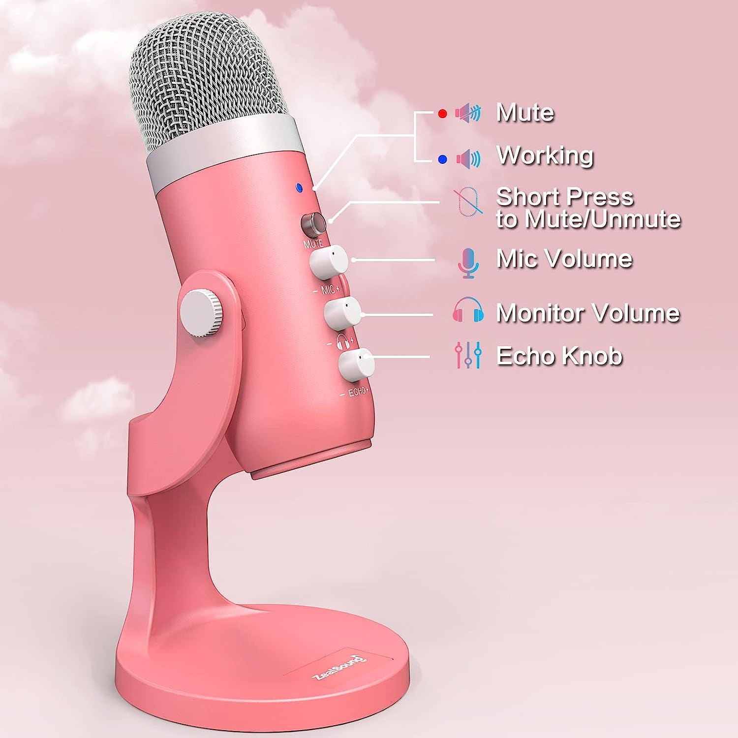 Zealsound Gaming USB Microphone,Pink Microphone with Quick Mute for Phone Computer PC Ps5,Studio Mic with Gain Control,Echo&Monitor Volume Adjust for Streaming Vocal Recording ASMR Podcast Video K66  ZealSound   