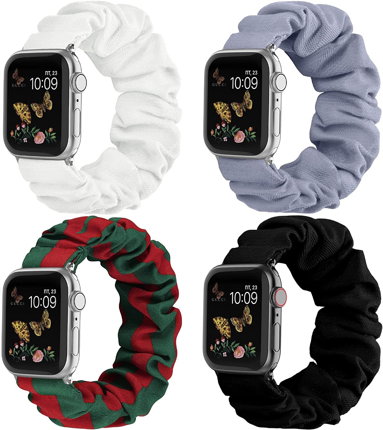 Recoppa Compatible for Apple Watch Band Scrunchie 38Mm 40Mm 41Mm 42Mm 44Mm 45Mm Cute Printed Elastic Solo Loop Bands Women Bracelet Strap for Iwatch Series 8 7 6 5 4 3 2 1 SE, 4 Packs  Recoppa Black/White/Blue Gray/Army Green Red 38mm/40mm/41mm-Large 