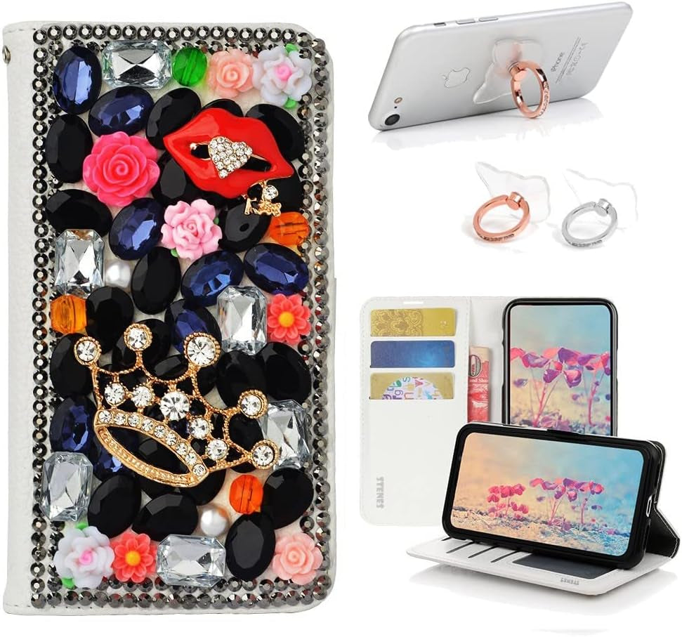 STENES Bling Wallet Case Compatible with LG V40 Thinq - Stylish - 3D Handmade Sexy Girls Bag High Heel Lips Leather Cover with Ring Stand Holder [2 Pack] - Pink  STENES Crown Sexy Lips Rose Floral / Black Design For Iphone 6 Plus / Iphone 6S Plus 