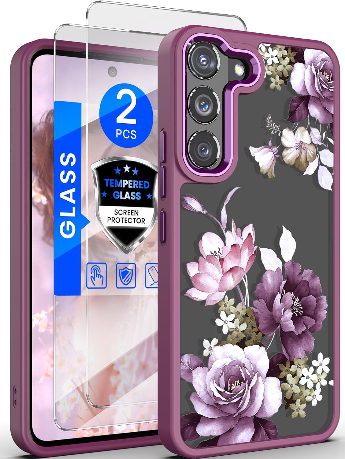 Dretal for Samsung Galaxy S22 5G Case Floral, Military Grade Drop Tested Hard Back & Soft Edge Slim Flower Women Girls Phone Protective Cover + Tempered Glass Screen Protector for Galaxy S22 (Green)  Dretal Purple  