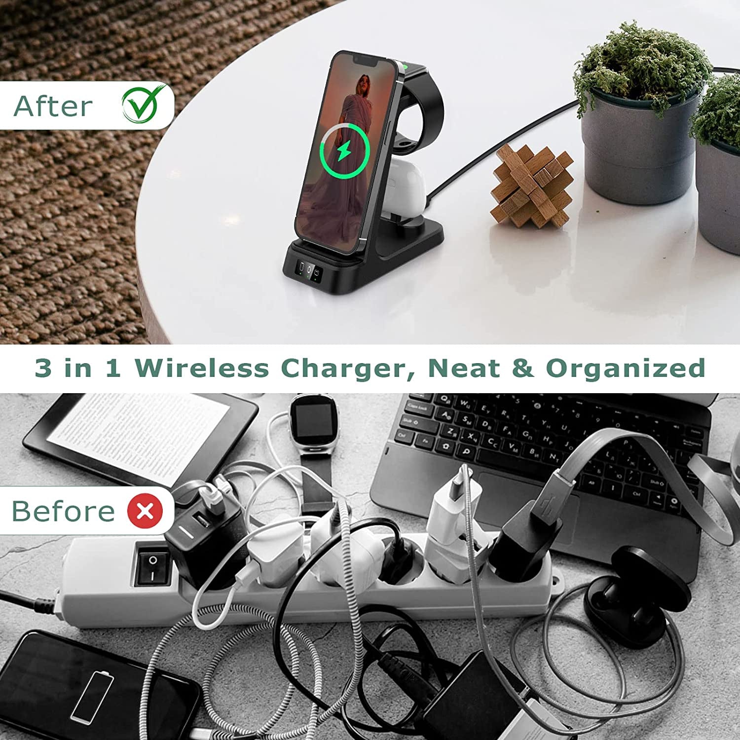 DDUAN Wireless Charging Station, 3 in 1 Fast Charger Stand, Wireless Charger for Iphone14/13/12/11/Pro/Max/X/Xs/Max/Xr/8 & Apple Watch 8/7/Se2/Airpods1 2/Pro1 2(QC3.0 Adapter)  DDUAN   