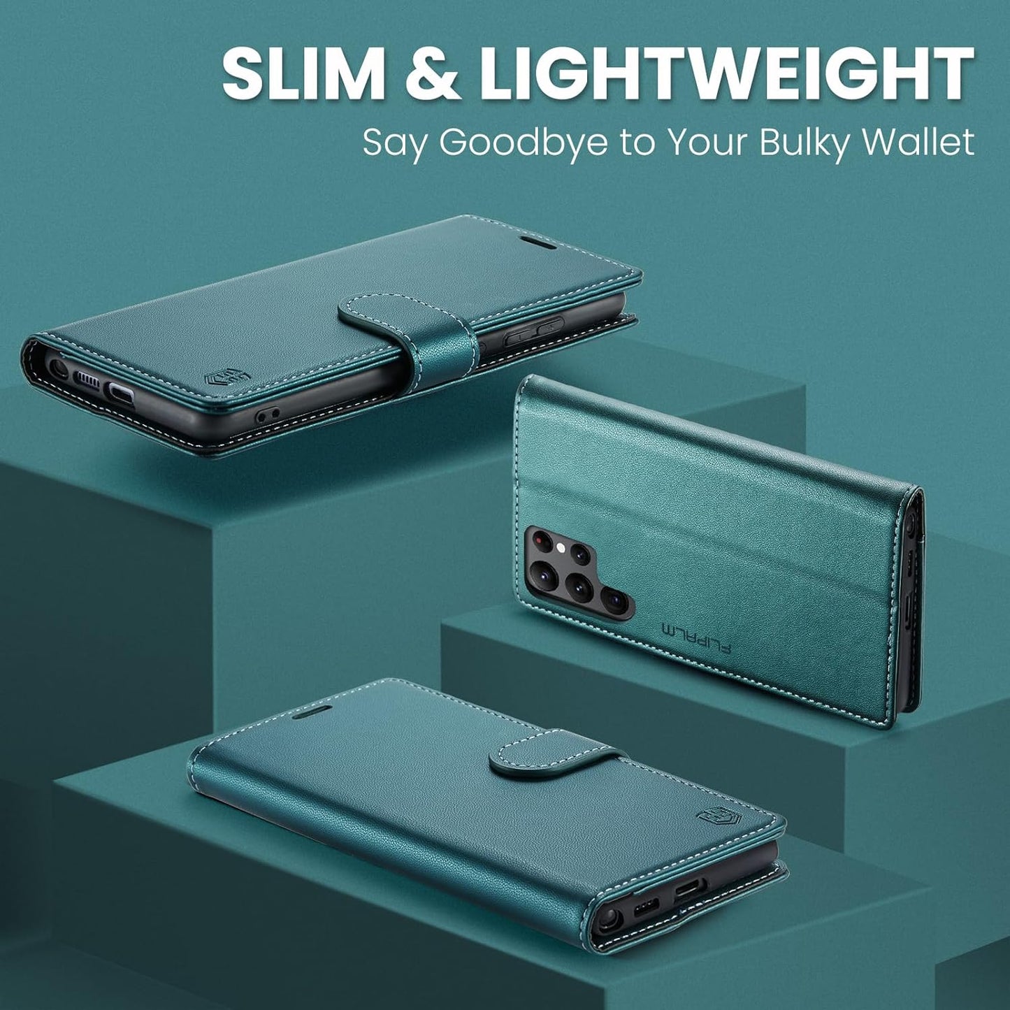 FLIPALM for Samsung Galaxy S22 Ultra Wallet Case with RFID Blocking Credit Card Holder, PU Leather Flip Kickstand Protective Shockproof Cover Women Men for Samsung S22 Ultra Phone Case(Blue-Green)  FLIPALM   