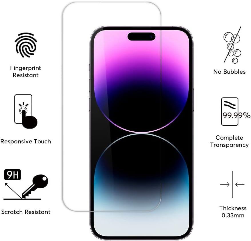 Glass Screen Protector [2 Pack] for Iphone 14 Pro Max Display Tempered Glass, Sensor Protection, Dynamic Island Compatible, Case Friendly [9H Hardness] - HD  Glass Screen Protector   